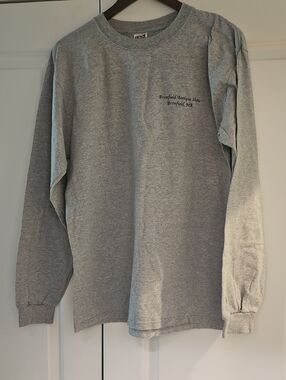 Anvil Heather Gray Long-Sleeve Crewneck Tee imprinted Brimfield Antique Show